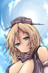 Rule 34 | 10s, 1girl, bad id, bad pixiv id, bare shoulders, blonde hair, blue eyes, blue sky, breasts, cleavage, cloud, cloudy sky, collar, day, detached sleeves, dmt (auburn), hair between eyes, headgear, highres, iowa (kancolle), kantai collection, large breasts, long hair, looking at viewer, sky, smile, solo, star-shaped pupils, star (symbol), sun, symbol-shaped pupils