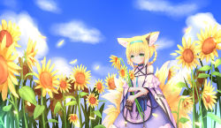 Rule 34 | 1girl, absurdres, animal ears, arknights, blonde hair, blue sky, braid, cloud, cloudy sky, commentary request, detached sleeves, flower, fox ears, fox girl, fox tail, green eyes, hairband, highres, huge filesize, infection monitor (arknights), kitsune, kyuubi, long hair, looking at viewer, material growth, meng mian, multiple tails, oripathy lesion (arknights), sidelocks, sky, smile, solo, sunflower, suzuran (arknights), tail, twin braids