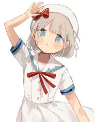 Rule 34 | 1girl, :o, blue eyes, blunt bangs, bow, bowtie, buttons, child, dot nose, dress, grey hair, hat, hat bow, highres, idolmaster, idolmaster shiny colors, looking at viewer, parted lips, red bow, red bowtie, sailor, sailor collar, sailor dress, sailor hat, serizawa asahi, short hair, short sleeves, simple background, solo, striped sleeves, wadachi, waving, white background