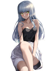 Rule 34 | 1girl, alternate costume, bare arms, bare legs, bare shoulders, blush, breasts, camisole, cleavage, closed mouth, collarbone, facial mark, feet out of frame, girls&#039; frontline, greem bang, green eyes, highres, hk416 (girls&#039; frontline), knee up, long hair, looking at viewer, medium breasts, sidelocks, silver hair, simple background, skirt, solo, straight hair, strap slip, white background, white skirt