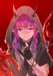 Rule 34 | 1girl, arknights, black gloves, black jacket, black nails, black necktie, black shirt, e-bushi, eyebrows hidden by hair, fingerless gloves, flower, gloves, hair over shoulder, hand up, hood, hood up, hooded jacket, horns, horns through headwear, jacket, lava (arknights), long hair, looking at viewer, low twintails, nail polish, necktie, purple eyes, purple hair, red background, red flower, shirt, simple background, solo, twintails, upper body