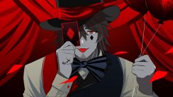 Rule 34 | 1boy, :p, ace (playing card), ace of diamonds, balloon, belmond banderas, black bow, black bowtie, black hair, black vest, bow, bowtie, card, choco (chocovix112), curtains, diamond (shape), envy baby (vocaloid), fangs, hair between eyes, hands up, hat, highres, holding, holding balloon, holding card, long sleeves, looking at viewer, male focus, nijisanji, parted lips, playing card, red eyes, red vest, shirt, smile, solo, thick eyebrows, tongue, tongue out, top hat, upper body, vest, virtual youtuber, vocaloid, white shirt