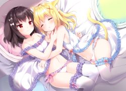 Rule 34 | 2girls, :&lt;, animal ear fluff, animal ears, babydoll, bare arms, bare shoulders, bed sheet, black hair, blonde hair, blush, bow, bow panties, breasts, cat ears, cat girl, cat tail, closed mouth, commentary request, dog ears, closed eyes, frilled legwear, frilled panties, frills, hair bow, hair ornament, irori, long hair, lying, mole, mole under eye, multiple girls, navel, on back, on side, original, panties, red eyes, small breasts, smile, tail, thighhighs, underwear, underwear only, white babydoll, white bow, white legwear, white panties, x hair ornament