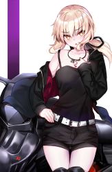Rule 34 | 1girl, artoria pendragon (all), artoria pendragon (fate), belt, black camisole, black jacket, black ribbon, black shorts, blonde hair, blush, breasts, camisole, collarbone, fate/grand order, fate/stay night, fate (series), hair between eyes, hair ribbon, highres, jacket, jewelry, long hair, long sleeves, looking at viewer, low ponytail, medium breasts, motor vehicle, motorcycle, necklace, ninoude (ninoude44), off shoulder, official alternate costume, open clothes, open jacket, open mouth, pale skin, ribbon, saber alter, saber alter (ver. shinjuku 1999) (fate), short shorts, shorts, sidelocks, solo, thighs, white background, white belt, yellow eyes
