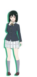 Rule 34 | 1girl, black jacket, brown footwear, collared shirt, drop shadow, fang, full body, green hair, grey socks, hair ribbon, hand up, jacket, kneehighs, loafers, long sleeves, looking at viewer, love live!, love live! nijigasaki high school idol club, mifune shioriko, neck ribbon, nijigasaki academy school uniform, official art, open mouth, plaid, plaid skirt, pleated skirt, red eyes, ribbon, school uniform, shirt, shoes, short hair, skirt, socks, solo, standing, transparent background, white shirt, white skirt, winter uniform, yellow ribbon