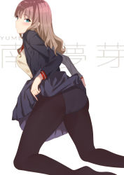 Rule 34 | 1girl, absurdres, ass, black jacket, black pantyhose, black skirt, blazer, breasts, character name, clothes lift, expressionless, from behind, green eyes, gridman universe, hair behind ear, highres, jacket, leaning forward, looking at viewer, looking back, medium breasts, minami yume, panties, panties under pantyhose, pantyhose, school uniform, skirt, skirt lift, solo, ssss.dynazenon, sweater, underwear, wangmon, white background, yellow sweater