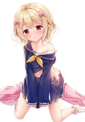 Rule 34 | 1girl, bare shoulders, blonde hair, blue sailor collar, blue shirt, blue skirt, blush, bobby socks, bow, bra, cardigan, unworn cardigan, closed mouth, collarbone, commentary request, hair bow, head tilt, highres, kneeling, long sleeves, looking at viewer, navel, no shoes, off shoulder, open clothes, open shirt, original, panties, pink bow, pink cardigan, pleated skirt, red eyes, sailor collar, shirt, sidelocks, simple background, skirt, sleeves past wrists, socks, solo, sousouman, strap slip, sweat, underwear, white background, white bra, white panties, white socks