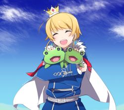Rule 34 | 10s, 1boy, :d, blonde hair, blue sky, cape, character doll, cloud, crown, day, earrings, closed eyes, frog, holding, holding stuffed toy, idolmaster, idolmaster side-m, jewelry, kaeru (idolmaster), male focus, mudo (saji), open mouth, outdoors, pierre (idolmaster), sky, smile, solo, standing, stuffed animal, stuffed frog, stuffed toy, white cape