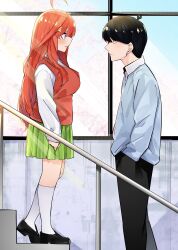 Rule 34 | 1boy, 1girl, ahoge, antenna hair, arm at side, backlighting, black footwear, black hair, black pants, blue eyes, blue sweater, blush, breasts, cherry blossoms, closed mouth, commentary, day, eye contact, eyebrows hidden by hair, from side, frown, full body, go-toubun no hanayome, green skirt, hair between eyes, hair ornament, hand in pocket, hetero, highres, indoors, large breasts, loafers, long hair, long sleeves, looking at another, mame1645, miniskirt, nakano itsuki, open mouth, orange eyes, pants, pleated skirt, profile, red hair, red sweater vest, school uniform, shirt, shoes, short hair, sidelocks, skirt, socks, stairs, star (symbol), star hair ornament, surprised, sweater, sweater vest, swept bangs, symbol-only commentary, uesugi fuutarou, very long hair, white shirt, white socks, wide-eyed, window
