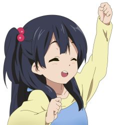 Rule 34 | 10s, 1girl, arm up, bad id, bad pixiv id, closed eyes, flat chest, hair bobbles, hair ornament, hamaru01, kitashirakawa anko, long hair, one side up, open mouth, simple background, smile, solo, tamako market, white background