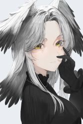 Rule 34 | 1girl, bangosu, black gloves, black shirt, black wings, breasts, brown eyes, closed mouth, commentary request, feathered wings, forehead, from side, gloves, gradient background, grey background, grey hair, grey wings, hand up, head wings, highres, long hair, long sleeves, medium breasts, original, parted bangs, puffy long sleeves, puffy sleeves, shirt, solo, upper body, wings