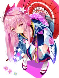 Rule 34 | 1girl, absurdres, bent over, blush, breasts, cleavage, commentary request, dleung, floral print, flower, fox mask, hair between eyes, hair flower, hair ornament, hair ribbon, hata no kokoro, highres, huge filesize, japanese clothes, kimono, long hair, long sleeves, looking at viewer, mask, mask on head, oil-paper umbrella, pink eyes, pink hair, red ribbon, red umbrella, ribbon, sandals, simple background, socks, solo, touhou, translation request, umbrella, white background, white flower, white socks, wide sleeves