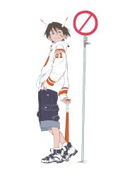 Rule 34 | 1boy, absurdres, bandaid, bandaid on face, baseball bat, black legwear, blue eyes, brown hair, closed mouth, hair between eyes, hand on own hip, highres, holding, holding baseball bat, horns, jacket, male focus, original, road sign, shoes, short hair, sign, simple background, sneakers, solo, standing, stop sign, weilin zhang, white background, white jacket