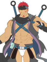 Rule 34 | 1boy, abs, bara, bare shoulders, black headband, bulge, cape, character name, chest belt, chest harness, clothing cutout, crotchless, crotchless pants, crow (siranui), facial hair, facial scar, feet out of frame, fishnet top, fishnets, flat color, full body, fundoshi, gluteal fold, goatee, green eyes, grey pants, gyee, harness, headband, highres, hip vent, japanese clothes, kunai, large pectorals, looking at viewer, male focus, male underwear, mature male, muscular, muscular male, musso (gyee), navel, navel hair, nipples, oversized object, pants, pectorals, red hair, scar, scar on cheek, scar on chest, scar on face, short hair, sideburns, sidepec, solo, standing, stomach, thick thighs, thigh cutout, thighs, topless male, torn clothes, underwear, weapon, white male underwear