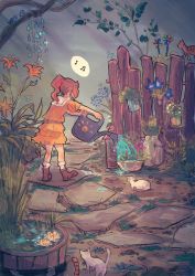 Rule 34 | 1girl, aerith gainsborough, aged down, barrel, bird, blue flower, boots, brown hair, cat, child, dress, facing away, fence, final fantasy, final fantasy vii, final fantasy vii remake, flourishcat, flower, full body, gainsborough house, garden, gardening, hair ribbon, highres, music, musical note, official alternate costume, orange dress, orange flower, outdoors, pinwheel, plant, ponytail, ribbon, sailor collar, singing, solo, square enix, tree, watering can, wavy hair