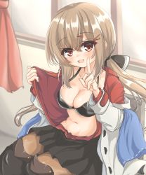 Rule 34 | 1girl, belt, black belt, black bow, black bra, black footwear, black skirt, blue shawl, blush, boots, bow, bra, breasts, brown eyes, brown hair, brown thighhighs, collarbone, day, hair between eyes, hair bow, hammer and sickle, indoors, jacket, kantai collection, kasashi (kasasi008), long hair, looking at viewer, low twintails, medium breasts, open clothes, pantyhose, red shirt, scarf, shawl, shirt, sitting, skirt, solo, sunlight, tashkent (kancolle), thigh boots, thighhighs, twintails, underwear, white jacket, white scarf, window