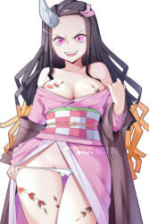 Rule 34 | 1girl, bare shoulders, black hair, black ribbon, breasts, cleavage, commentary, english commentary, hair ribbon, highres, horns, hot vr, japanese clothes, kamado nezuko, kimetsu no yaiba, kimono, large breasts, long hair, looking at viewer, multicolored hair, obi, open mouth, orange hair, panties, pink eyes, pink kimono, pixiv username, ribbon, sash, simple background, single horn, slit pupils, smile, solo, tattoo, teeth, two-tone hair, underwear, white background, white panties