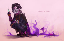 Rule 34 | 1boy, black footwear, black hair, cape, character name, colored skin, dimension walker (dungeon and fighter), doxolove, dungeon and fighter, gloves, holding, holding syringe, male focus, male mage (dungeon and fighter), mask, monster, mouth mask, pointy ears, purple skin, red eyes, short hair, simple background, solo, squatting, star (symbol), syringe, tentacles