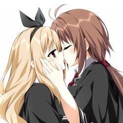 Rule 34 | 2girls, antenna hair, aroused, asagi nanami, black capelet, black ribbon, blonde hair, blush, breast press, breasts, brown eyes, brown hair, capelet, close-up, closed eyes, commentary request, eyebrows hidden by hair, eyelashes, french kiss, from side, hair between eyes, hair ribbon, hand on another&#039;s cheek, hand on another&#039;s face, highres, kiss, large breasts, long hair, looking at another, low ponytail, multiple girls, necktie, parted lips, profile, red necktie, ribbon, saliva, school uniform, sidelocks, simple background, tsui no sora (remake), wakatsuki kotomi, white background, yokoyama yasuko, yuri