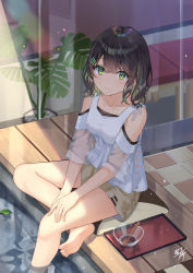 Rule 34 | 1girl, bare shoulders, barefoot, black hair, blush, bowl, breasts, brown shorts, closed mouth, clothing cutout, collarbone, commentary request, green eyes, green hair, hair between eyes, highres, light smile, looking at viewer, medium breasts, miko fly, multicolored hair, original, plant, potted plant, see-through, see-through sleeves, shirt, short shorts, shorts, shoulder cutout, signature, sitting, soaking feet, soles, solo, spoon, tile floor, tiles, two-tone hair, white shirt