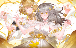 2girls absurdres aglaea_(honkai:_star_rail) alternate_costume ancient_greek_clothes blonde_hair breasts cleavage commentary commentary_request dress english_commentary greco-roman_clothes green_eyes grey_hair highres honkai:_star_rail honkai_(series) jewelry large_breasts laurel_crown mcmclunar_(kaz) medium_hair mixed-language_commentary multiple_girls parted_lips ring scissors short_hair stelle_(honkai:_star_rail) trailblazer_(honkai:_star_rail) valentine white_background white_dress yellow_eyes yellow_nails