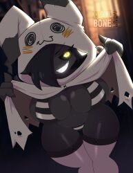 Rule 34 | artist name, artist request, breasts, creatures (company), flashing, furry, game freak, gen 7 pokemon, hair over one eye, hood, looking at viewer, mimikyu, nintendo, pokemon, skwidbone, solo focus, thighhighs