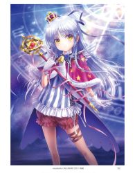 Rule 34 | 1girl, alternate costume, angel beats!, angel wings, bell, capelet, contrapposto, crown, frilled shorts, frills, fur-trimmed capelet, fur trim, gloves, goto p, highres, long hair, looking at viewer, magical girl, mini crown, puffy shorts, red capelet, red shorts, shirt, shorts, silver hair, solo, star (symbol), star print, striped clothes, striped shirt, tenshi (angel beats!), wand, white gloves, white wings, wings, yellow eyes