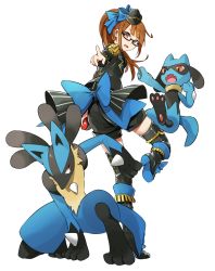 Rule 34 | 1girl, armor, black legwear, black shorts, blue ribbon, boots, brown hair, commentary request, creatures (company), crossover, evolutionary line, game freak, gen 4 pokemon, hat, jacket, lucario, minami mirei, mini hat, nintendo, open mouth, orange eyes, orihika, pauldrons, pointing, pointing at viewer, pokemon, pokemon (creature), pretty series, pripara, ribbon, riolu, shorts, shoulder armor, simple background, top hat, white background