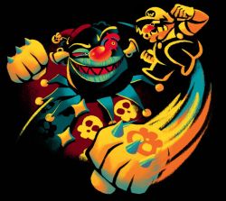 Rule 34 | 2boys, action, attack, battle, big nose, black background, black overalls, buttons, cleft chin, clenched hands, clenched teeth, clown, colored sclera, cropped torso, davidoneacre, disembodied hand, evil grin, evil smile, eye contact, facial hair, fat, fat man, gloves, grin, half-closed eye, hands up, hat, instrument, looking at another, mario (series), midair, motion lines, multiple boys, mustache, nintendo, no arms, overalls, print gloves, punching, red headwear, red sclera, rudy the clown, scar, scar across eye, sharp teeth, shirt, short sleeves, simple background, size difference, skull print, smile, smirk, spiked gloves, spikes, teeth, thick lips, wario, wario land, wario land 3, white gloves, white headwear, white shirt, yellow eyes, yellow gloves