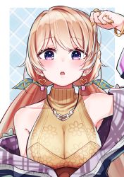 Rule 34 | .live, blonde hair, blush, breasts, cleavage, commentary request, earrings, fingernails, gyaru, hair ornament, hcstyrus ii, highres, jacket, jewelry, kogal, large breasts, long hair, looking at viewer, low twintails, nanahoshi milily, twintails, virtual youtuber