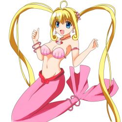 Rule 34 | 00s, 1girl, :d, ahoge, armlet, armpits, arms up, blonde hair, blue eyes, bracelet, breasts, cleavage, earrings, groin, hair ornament, jewelry, long hair, looking at viewer, mermaid, mermaid melody pichi pichi pitch, midriff, miru, monster girl, nanami lucia, necklace, open mouth, pendant, seashell, shell, shell bikini, shell earrings, simple background, smile, solo, twintails, very long hair, white background