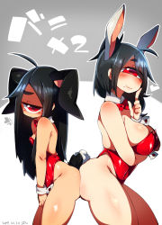 Rule 34 | 2girls, animal ears, ass, ass-to-ass, bare shoulders, blush, bow, breasts, rabbit ears, rabbit tail, cleavage, cuffs, cyclops, detached collar, fake animal ears, highres, long hair, looking at viewer, mole, mole under mouth, muku-chan (muroku), multiple girls, muroku (aimichiyo0526), one-eyed, original, playboy bunny, ponytail, red eyes, small breasts, smile, symbol-shaped pupils, tail