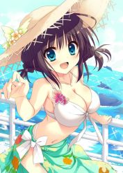 Rule 34 | 1girl, :d, aqua eyes, armpits, asakura hayate, bikini, blush, braid, breasts, brown hair, character request, cleavage, cloud, cloudy sky, collarbone, commentary request, copyright request, cowboy shot, day, dolphin, flower, front-tie bikini top, front-tie top, green sarong, hand on railing, hat, hat flower, jewelry, large breasts, looking at viewer, navel, necklace, ocean, open mouth, outdoors, outstretched arms, print sarong, reaching, reaching towards viewer, sarong, shiny skin, short hair, sidelocks, sky, smile, solo, sparkle, straw hat, summer, sun hat, swimsuit, thighs, twin braids, twisted torso, water, white bikini