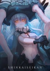Rule 34 | 10s, 1girl, abyssal ship, backlighting, black gloves, blue hair, bodysuit, covered navel, expressionless, gloves, kantai collection, long hair, looking at viewer, orange eyes, own hands together, solo, staff, underwater, upper body, usanekorin, wo-class aircraft carrier