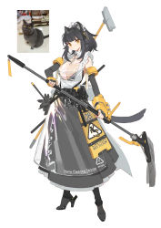 Rule 34 | 1girl, absurdres, animal ears, apron, bahao diqiu, belt, belt pouch, black footwear, black gloves, black hair, black legwear, black skirt, black sleeves, bracer, breasts, broom, cat, cat ears, cat tail, cleavage, cleavage cutout, closed mouth, clothing cutout, commentary, detached sleeves, duster, feather duster, fingerless gloves, full body, gloves, high heels, highres, holding, holding mop, large breasts, layered skirt, light blush, long hair, long sleeves, looking at viewer, maid, maid apron, maid headdress, mop, orange eyes, original, petticoat, photo (medium), photo inset, pouch, reference inset, see-through, see-through apron, see-through skirt, simple background, skirt, solo, standing, tail, wet floor sign, white background
