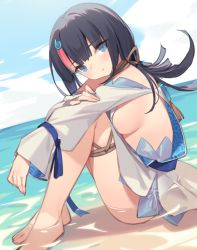 1girl beach black_hair blue_eyes blue_ribbon blue_sky blush breasts day dress fate/grand_order fate/requiem fate_(series) fundoshi japanese_clothes jewelry kildir knees_up long_hair long_sleeves looking_at_viewer magatama magatama_hair_ornament medium_breasts medium_hair multicolored_hair necklace ocean pelvic_curtain pink_hair puffy_long_sleeves puffy_sleeves ribbon seigaiha short_dress sideboob sideless_outfit sitting sky solo streaked_hair utsumi_erice utsumi_erice_(lancer) white_dress