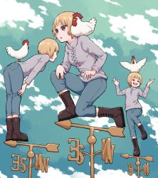 Rule 34 | 1girl, :d, = =, animal, animal on head, animal on shoulder, bird, bird on head, bird on shoulder, blonde hair, boots, brown eyes, chicken, commentary, denim, jeans, on head, on one knee, open mouth, original, pants, short hair, sky, smile, standing, standing on one leg, weather vane, yajirushi (chanoma)