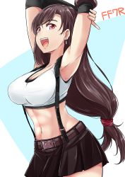 Rule 34 | 1girl, :d, abs, arm behind head, armpits, arms up, black gloves, black hair, black skirt, breasts, brown hair, earrings, elbow gloves, elbow pads, final fantasy, final fantasy vii, fingerless gloves, gloves, highres, jewelry, kitayama miuki, large breasts, long hair, looking at viewer, low-tied long hair, midriff, miniskirt, navel, open mouth, pleated skirt, red eyes, skirt, smile, solo, stomach, stretching, suspender skirt, suspenders, swept bangs, tank top, tifa lockhart, very long hair, white tank top