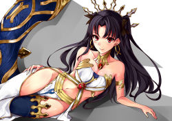 Rule 34 | 1girl, arm support, armlet, bad id, bad pixiv id, bare arms, bare legs, bare shoulders, black hair, black ribbon, blush, breasts, cleavage, clothing cutout, crown, earrings, fate/grand order, fate (series), female focus, gem, hair ribbon, hamidasu, hand on leg, hand on thigh, highres, hoop earrings, ishtar (fate), ishtar (fate), jewelry, legs, long hair, looking at viewer, lying, medium breasts, navel, navel cutout, neck, neck ring, on side, pelvic curtain, red eyes, revealing clothes, ribbon, single thighhigh, smile, solo, strapless, thighhighs, thighlet, tohsaka rin, type-moon