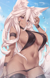 Rule 34 | 1girl, :p, animal ear fluff, animal ears, armband, artist name, aurora (kanachirou), bikini, black bikini, black thighhighs, blue sky, blush, breasts, closed mouth, commentary, cowboy shot, criss-cross halter, dark-skinned female, dark skin, day, facial mark, fang, fox ears, fox tail, hair between eyes, halterneck, hand in own hair, hip focus, kanachirou, large breasts, long hair, looking at viewer, navel, open mouth, original, outdoors, panties, panty pull, purple eyes, sideboob, simple background, sky, smile, solo, swimsuit, tail, thighhighs, tongue, tongue out, twitter username, underwear, water drop, wet, white background, white hair, wristband