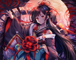 Rule 34 | 1girl, aqua bow, bare shoulders, black hair, black kimono, blunt bangs, blush, bow, card, closed mouth, collarbone, flower, full moon, glowing, glowing eye, higanbana (onmyoji), holding, japanese clothes, kimono, light, long hair, long sleeves, looking at viewer, moon, onmyoji, outstretched arm, red eyes, sasucchi95, shoulder tattoo, sleeveless, sleeveless kimono, solo, spider lily, tattoo, upper body, very long hair, wide sleeves