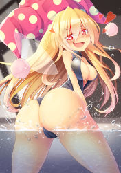 Rule 34 | 1girl, ass, blonde hair, blush, breasts, cameltoe, clownpiece, fairy wings, fang, front zipper swimsuit, hat, heart, heart-shaped pupils, jester cap, large breasts, long hair, looking back, meme attire, one-piece swimsuit, open mouth, partially submerged, red eyes, solo, swimsuit, symbol-shaped pupils, touhou, underwater, wading, water, wet, wings, z.o.b