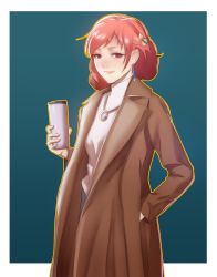 Rule 34 | 1girl, absurdres, blue background, coat, drink, earrings, hair ornament, hand in pocket, highres, holding, jewelry, long sleeves, looking at viewer, orange hair, original, outline, pants, pomelomelon, red eyes, short hair, smile, solo, upper body, yellow outline