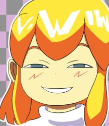 Rule 34 | 1girl, android, anya&#039;s heh face (meme), artist request, blonde hair, blush, capcom, checkered background, green eyes, grin, looking at viewer, mega man (classic), mega man (series), meme, parody, robot, roll (mega man), smile, style parody, teeth, two-tone background