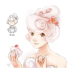 Rule 34 | 1girl, blush stickers, chibi, dress, flower, food, hair flower, hair ornament, holding, lips, meago, meringue, original, parted lips, personification, signature, simple background, sketch, smile, strapless, strapless dress, upper body, white dress, white hair, yellow eyes