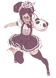 Rule 34 | 1girl, black-framed eyewear, black bow, black eyes, black hair, black skirt, black thighhighs, blush, bow, clenched hand, frilled skirt, frills, glasses, hair ornament, highres, holding, open mouth, original, panda, patterned, pink scrunchie, scrunchie, simple background, skirt, smile, solo, stuffed toy, tasaka shinnosuke, thick eyebrows, thighhighs, tongue, twintails, white background, white bow