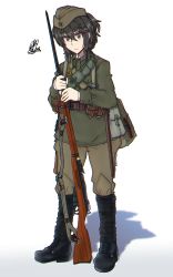 Rule 34 | 1girl, aht, bayonet, black eyes, black footwear, black hair, bolt action, boots, brown hat, brown pants, buttoned cuffs, buttons, collared jacket, cross-laced footwear, full body, green hat, green jacket, gun, hat, highres, jacket, lace-up boots, long sleeves, military, military jacket, military uniform, mmmn540d88, mosin-nagant, original, pants, rifle, solo, soviet, soviet army, uniform, weapon, world war ii