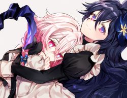 Rule 34 | 2girls, bare shoulders, black bow, black dress, black hair, blue flower, bow, closed mouth, commentary, daydreamer (elsword), dress, dutch angle, elsword, flower, grey background, hair between eyes, hair flower, hair ornament, hand up, juliet sleeves, laby (elsword), long hair, long sleeves, looking at viewer, maid, multiple girls, nisha labyrinth (elsword), paraffin, pink eyes, pink hair, puffy sleeves, purple eyes, simple background, smile, tears, very long hair, white dress