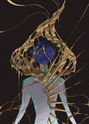 Rule 34 | 1other, androgynous, black background, blue hair, broken, crack, crystal hair, dripping, from behind, gold, highres, houseki no kuni, ko ryou, leaking, liquid, melting, molten metal, other focus, phosphophyllite, phosphophyllite (ll), short hair, simple background, solo, spikes, spoilers