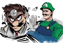 Rule 34 | 2boys, ai-generated art (topic), blue eyes, brothers, brown hair, commentary, derivative work, dr. mario, dr. mario (game), english commentary, facial hair, ffrankcan2, frown, glaring, hat, highres, lab coat, luigi, male focus, mario, mario (series), multiple boys, mustache, nintendo, overalls, short hair, siblings, simple background, sketch, under covers, upper body, white background